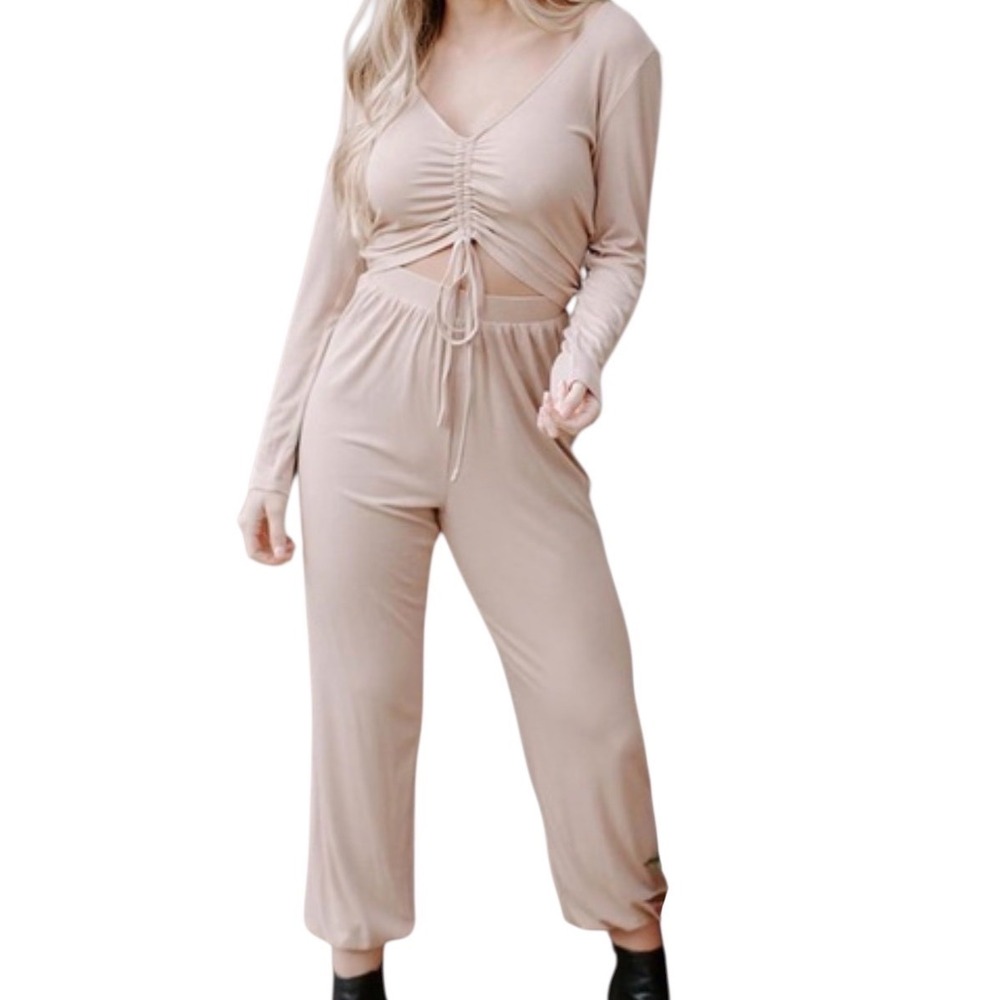 KITTENISH Womens Tan Ribbed Ruched Cutout Long Sleeve Jumpsuit Coquette  Large